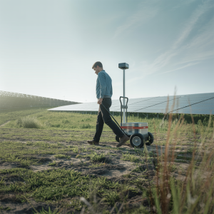 Surface survey with a ground-penetrating radar cart, used to assess soil layers and underground conditions at proposed solar farm sites.