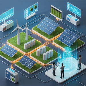 Illustration showing a smart electrical grid integrating solar panels, wind turbines, and energy storage systems to optimise renewable energy distribution.