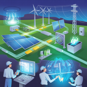 Illustration showing a smart electrical grid integrating solar panels, wind turbines, and energy storage systems to optimise renewable energy distribution.